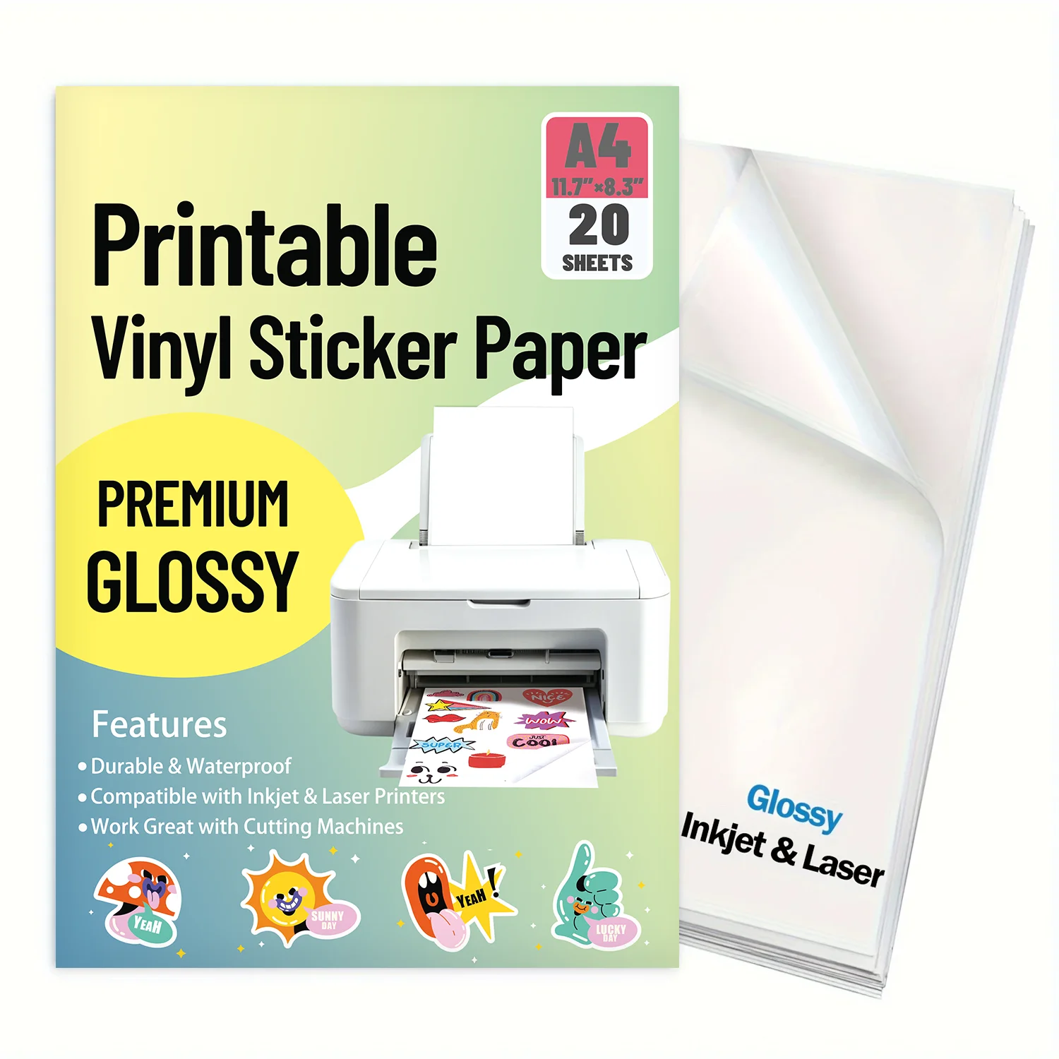 20 Sheets A4 Glossy Vinyl Sticker Paper Inkjet Printer Printable Self-Adhesive Waterproof 8.3 x 11.7 In DIY Stickers Crafts
20 Sheets A4 Glossy Vinyl Sticker Paper Inkjet Printer Printable Self-Adhesive Waterproof 8.3 x 11.7 In DIY Stickers Crafts