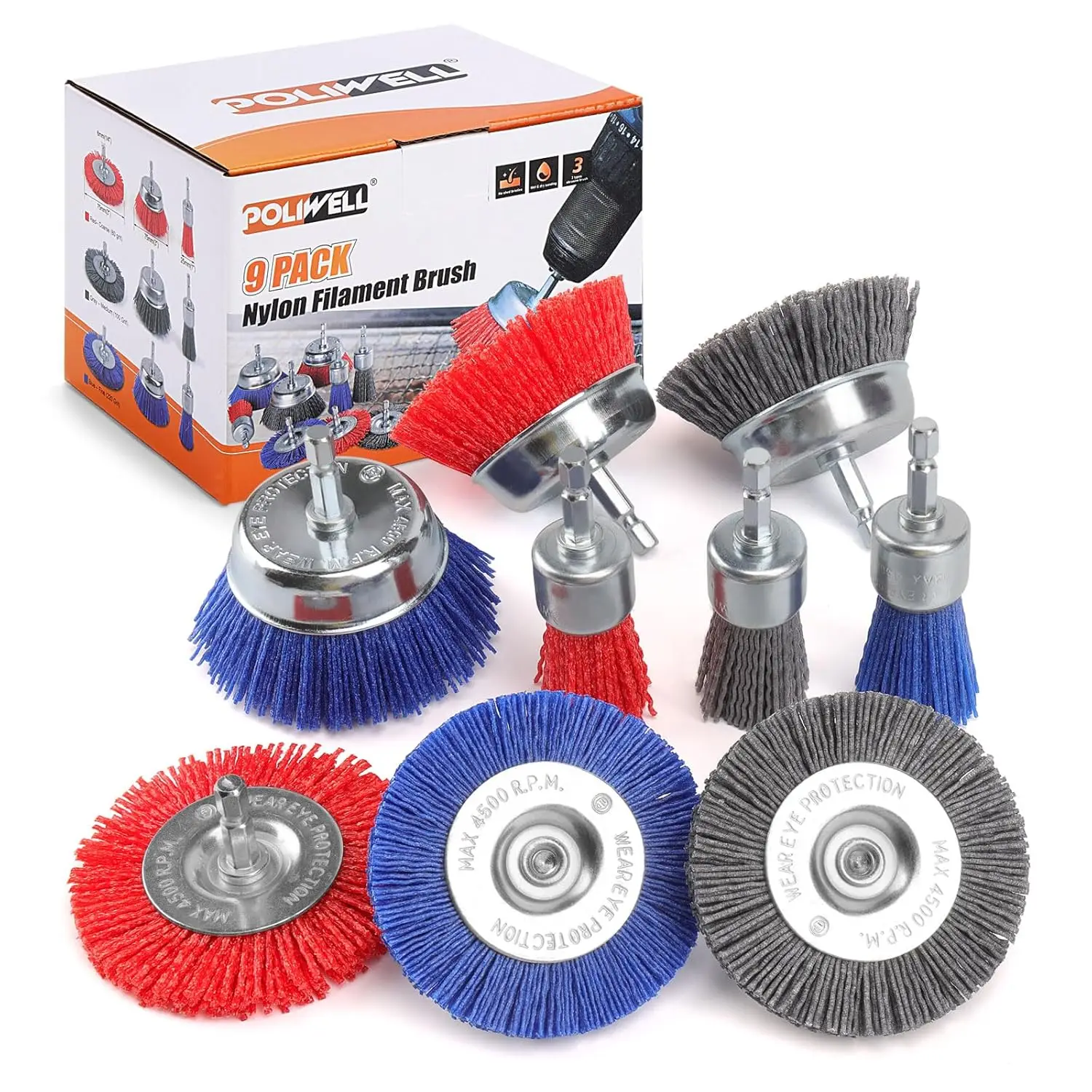 Nylon Abrasive Brush Set, 9 Pack, 1/4" Hex Shank, for Rust Removal, Grill Cleaning, Paint Stripping
Nylon Abrasive Brush Set, 9 Pack, 1/4" Hex Shank, for Rust Removal, Grill Cleaning, Paint Stripping