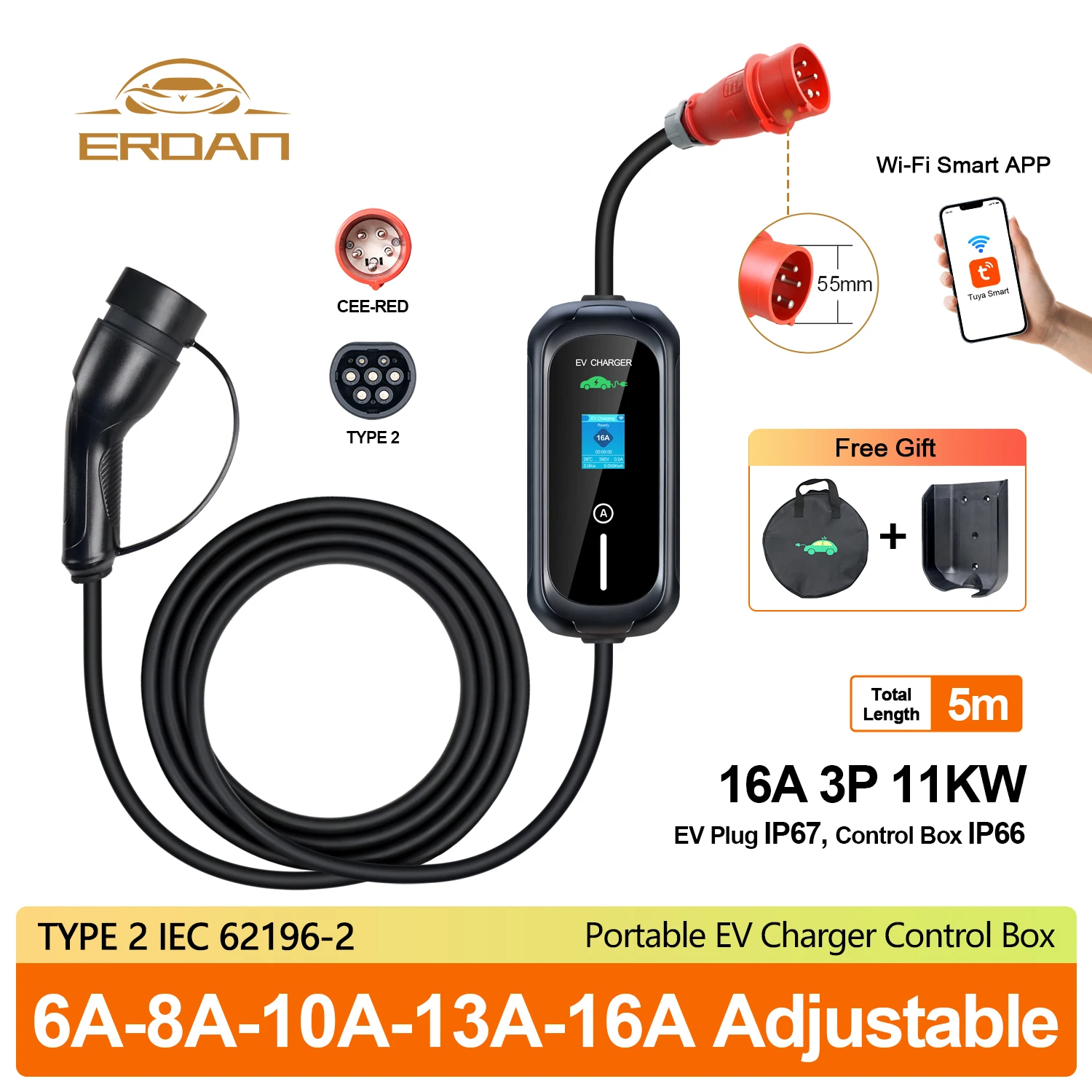 ERDAN 16A 3P 11KW Type2 EV Charger, 5M IP66 Waterproof, APP Adjustable Current & Timer, Portable Electric Vehicle Charger
ERDAN 16A 3P 11KW Type2 EV Charger, 5M IP66 Waterproof, APP Adjustable Current & Timer, Portable Electric Vehicle Charger