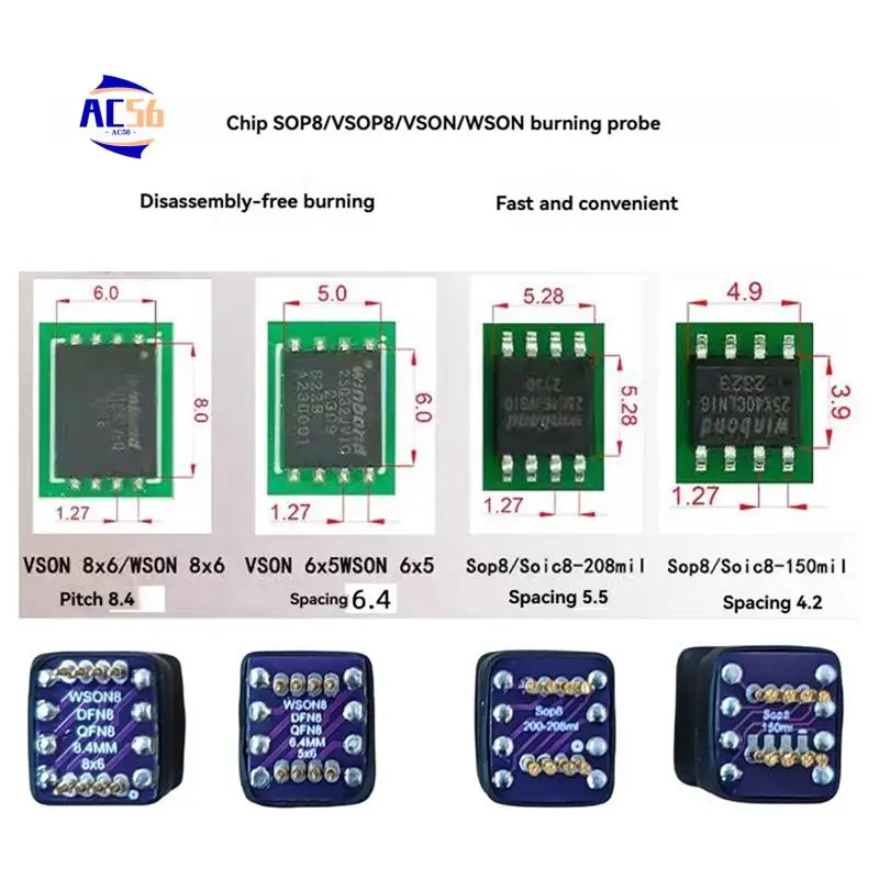 AC56-4-In-1 For Sop8 Wsonvson Chip Download Burn Write Probe Spring Needle Flash Eeprom Chip Burner Cable VSOP8/VSON8/WSON8
AC56-4-In-1 For Sop8 Wsonvson Chip Download Burn Write Probe Spring Needle Flash Eeprom Chip Burner Cable VSOP8/VSON8/WSON8