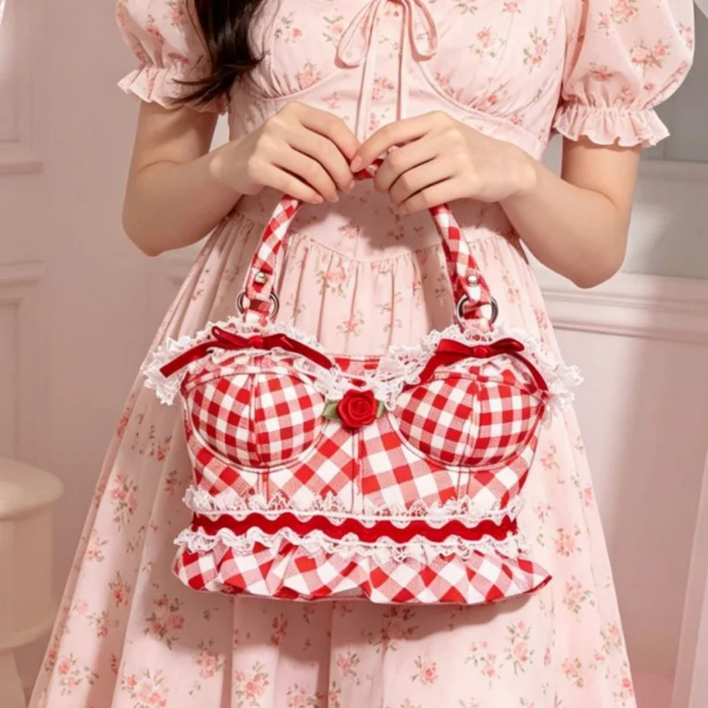 Lolita Red Gingham Corset Style Handbag, Cute Lace & Bow Rose Decorated Tote Bag, Sweet Cottagecore Top-Handle Purse for Women
Lolita Red Gingham Corset Style Handbag, Cute Lace & Bow Rose Decorated Tote Bag, Sweet Cottagecore Top-Handle Purse for Women