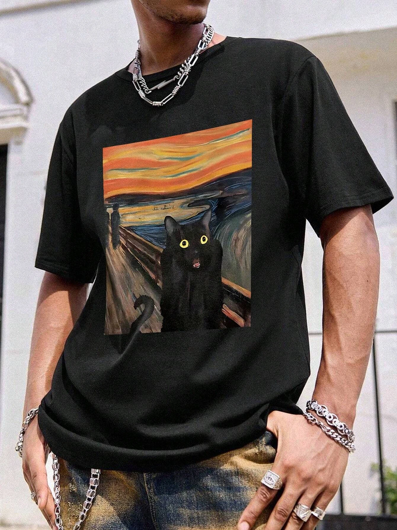 Men's T-shirt, cat print, round neck cotton top, casual street wear for summer, machine washable, ideal gift
Men's T-shirt, cat print, round neck cotton top, casual street wear for summer, machine washable, ideal gift