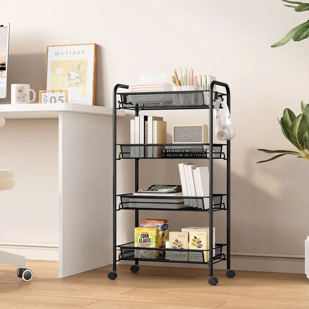 4Tier Rolling Cart, Metal Utility Cart With 3 Hooks, Easy Assemble Mobile Storage Trolley On Wheels, Metal Shelving Units Kitch
4Tier Rolling Cart, Metal Utility Cart With 3 Hooks, Easy Assemble Mobile Storage Trolley On Wheels, Metal Shelving Units Kitch