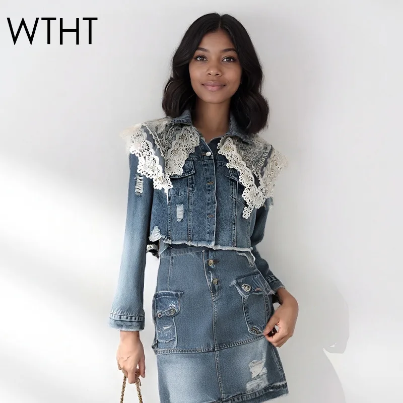 WTHT Trendy Women's Spliced Lace Shawl Design Hole Short Denim Jacket 2025 Summer Fashion Lapel Long Sleeves Coat Female 1LS2199
WTHT Trendy Women's Spliced Lace Shawl Design Hole Short Denim Jacket 2025 Summer Fashion Lapel Long Sleeves Coat Female 1LS2199