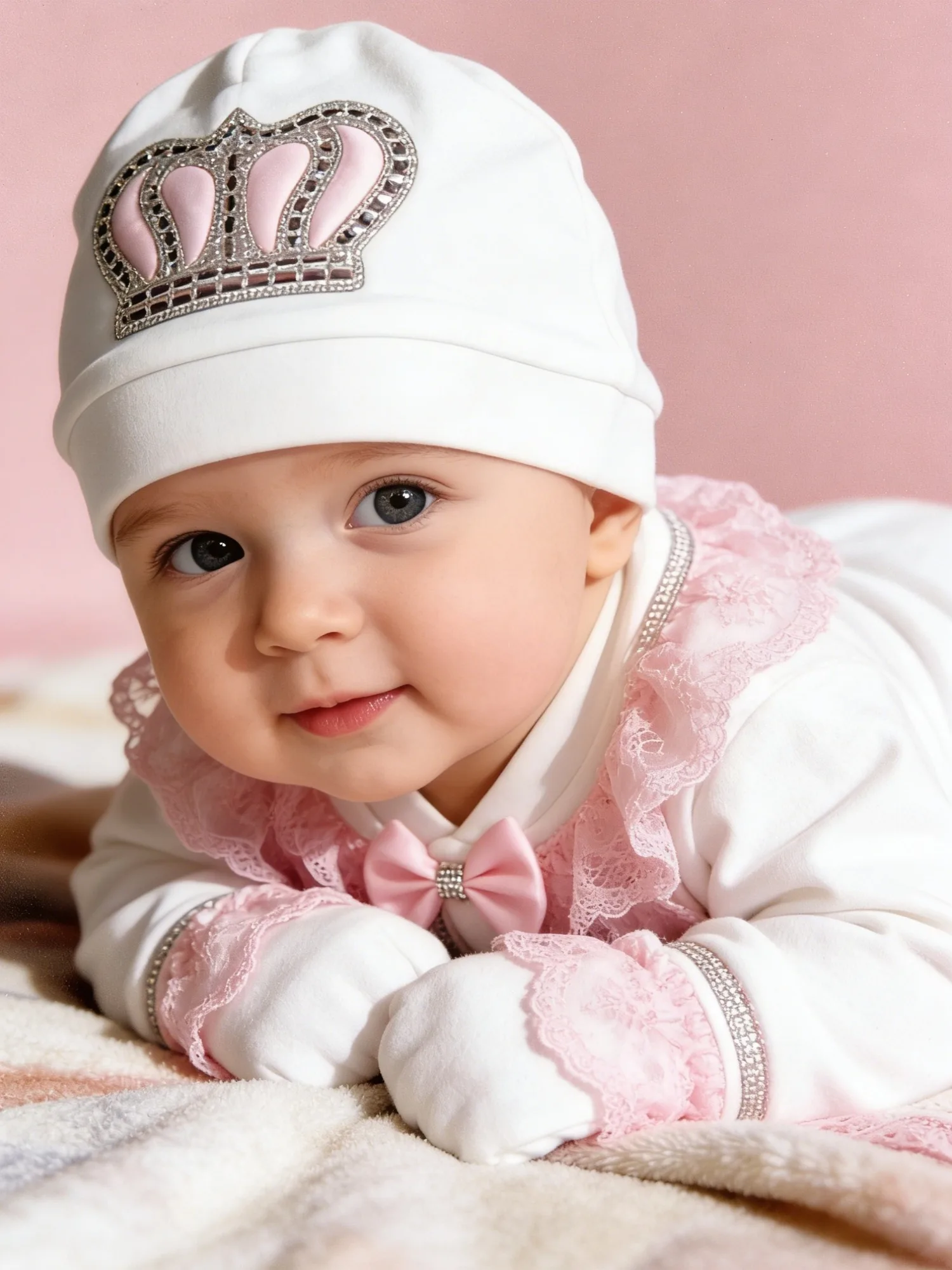 Princess Baby Girl White Pink Crown Set - Lace & Bows - Premium for Baptism & Baby Shower
Princess Baby Girl White Pink Crown Set - Lace & Bows - Premium for Baptism & Baby Shower