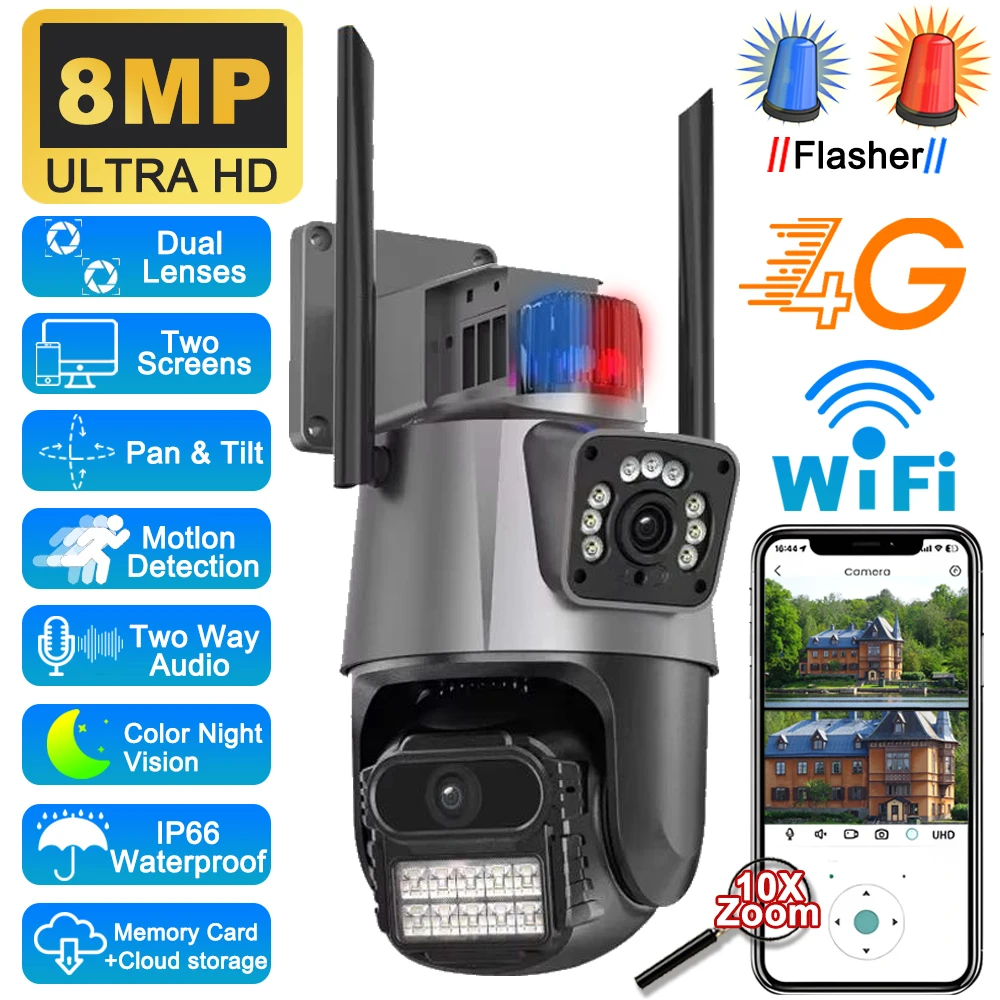 8-мегапиксельная камера 4G, Wi-Fi, уличная HD-камера с двумя объективами, 8-кратным зумом, PTZ, цветная камера ночного видения, обнаружение человека, IP-камеры безопасности, умное видеонаблюдение
8-мегапиксельная камера 4G, Wi-Fi, уличная HD-камера с двумя объективами, 8-кратным зумом, PTZ, цветная камера ночного видения, обнаружение человека, IP-камеры безопасности, умное видеонаблюдение