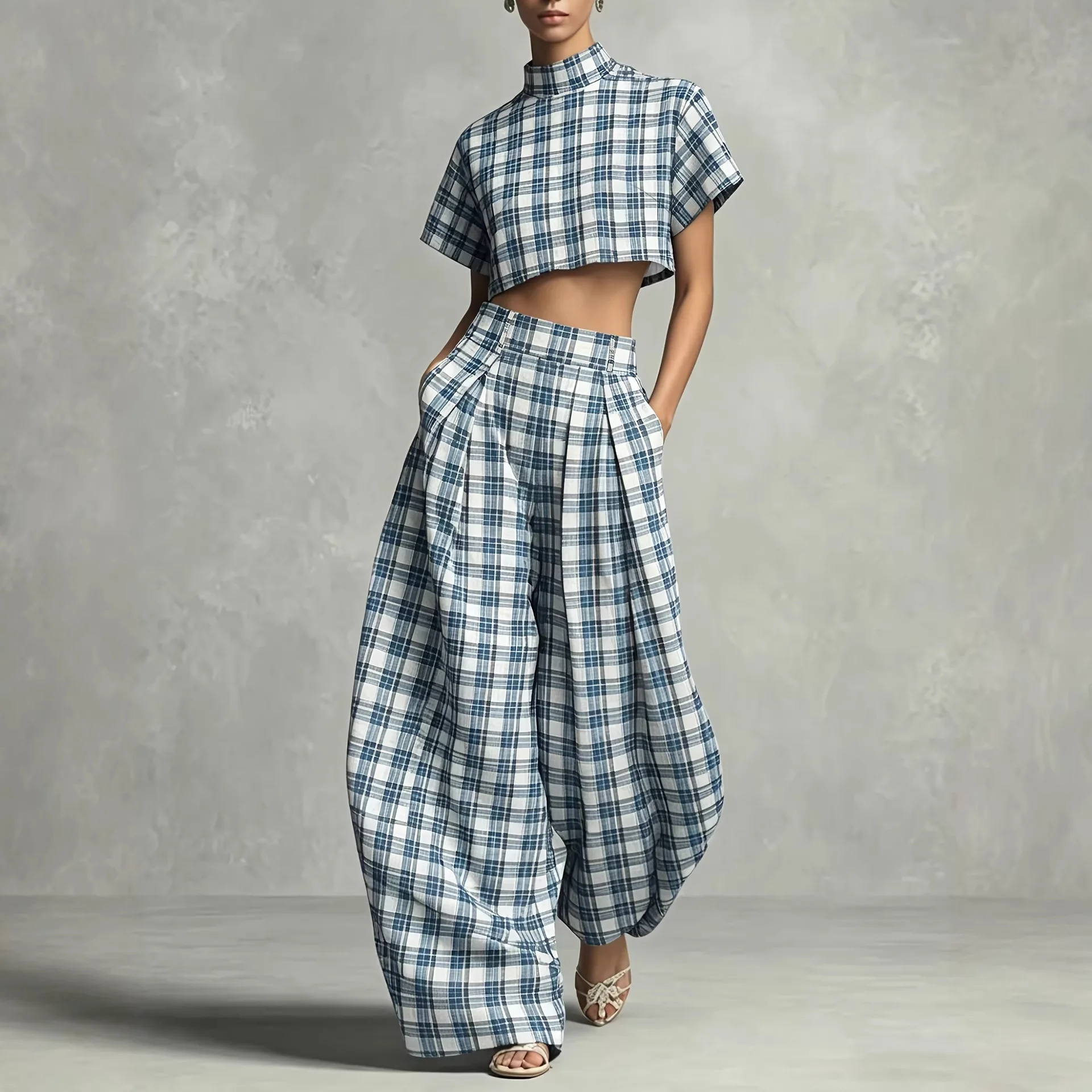 New Women's Clothing Blue And White Plaid High-neck Short Top And High-waisted Wide-leg Pants Set Wedding Dress Midi Vestidos
New Women's Clothing Blue And White Plaid High-neck Short Top And High-waisted Wide-leg Pants Set Wedding Dress Midi Vestidos