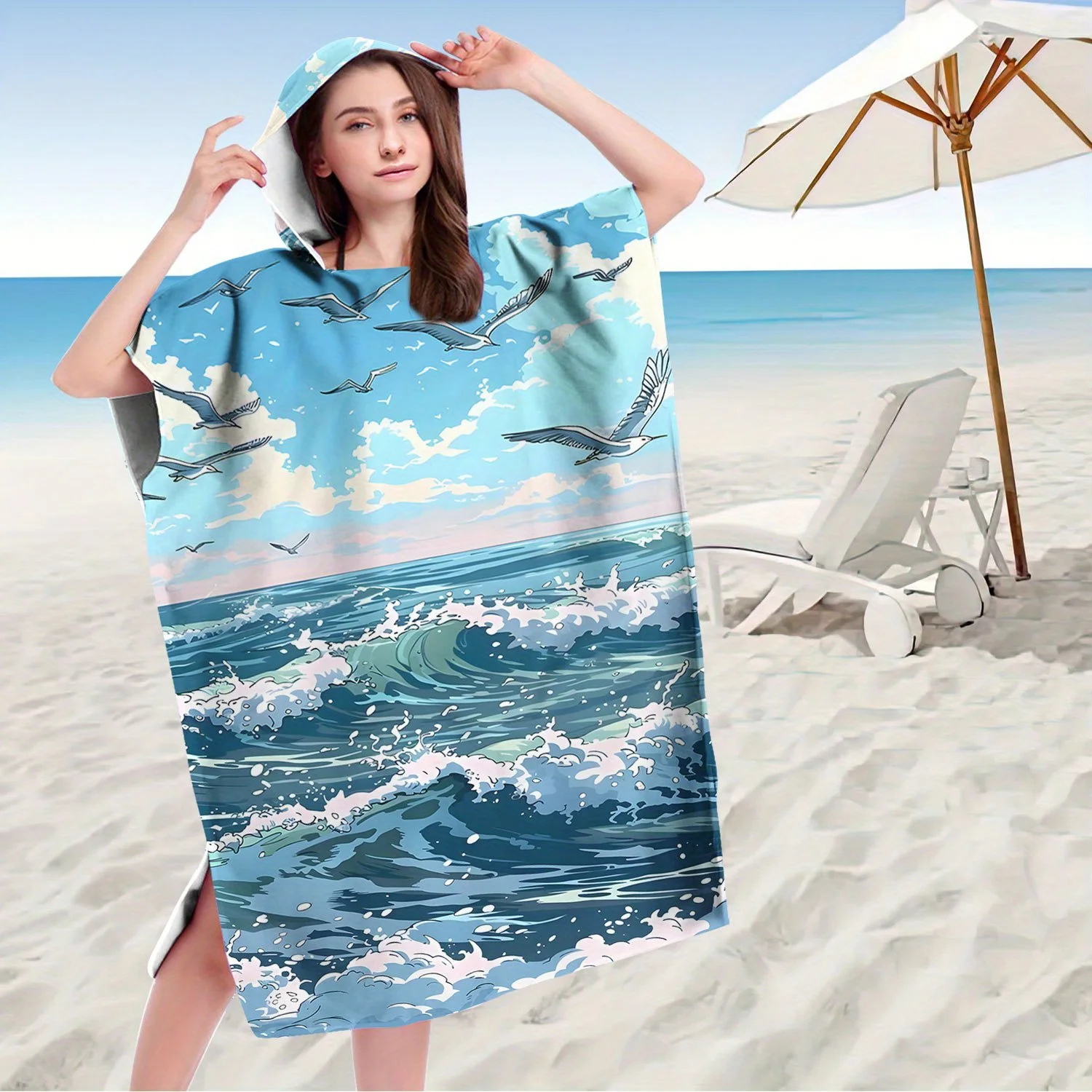 1pc Ocean Wave Seagull Print Hooded Towel Poncho, Quick Dry Polyester Beach Changing Robe, Matching Family/Couple Swim Poncho fo
1pc Ocean Wave Seagull Print Hooded Towel Poncho, Quick Dry Polyester Beach Changing Robe, Matching Family/Couple Swim Poncho fo