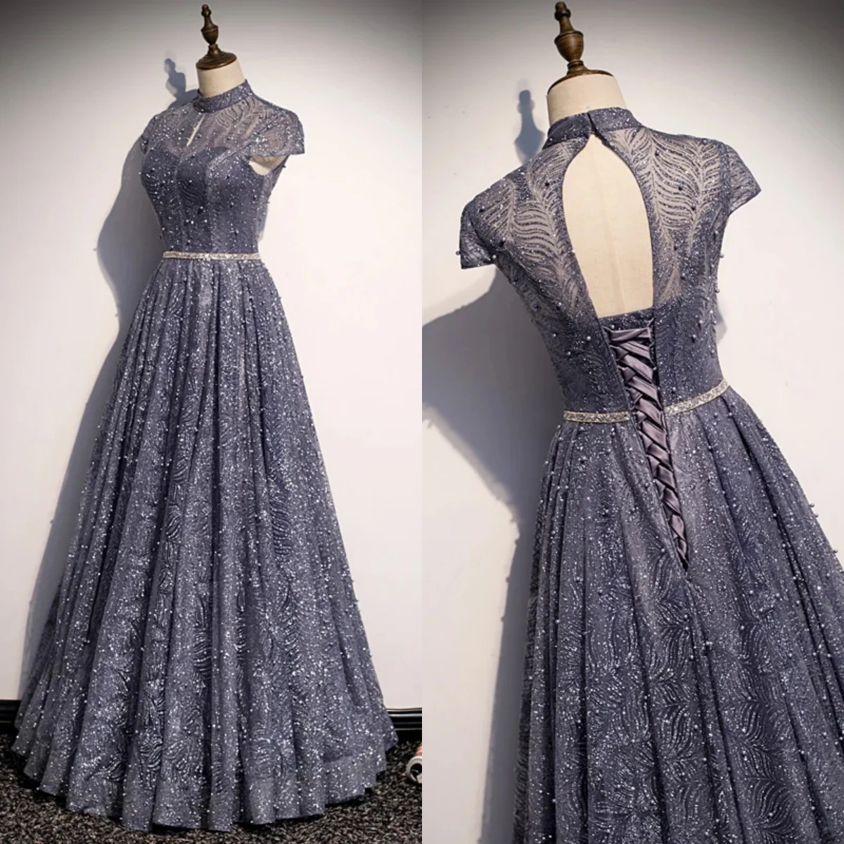 Evening Dress Navy Blue Bling High Neck Pearl Short Sleeves Lace up A-line Floor-length Plus size Women Formal Party Gowns R1346
Evening Dress Navy Blue Bling High Neck Pearl Short Sleeves Lace up A-line Floor-length Plus size Women Formal Party Gowns R1346