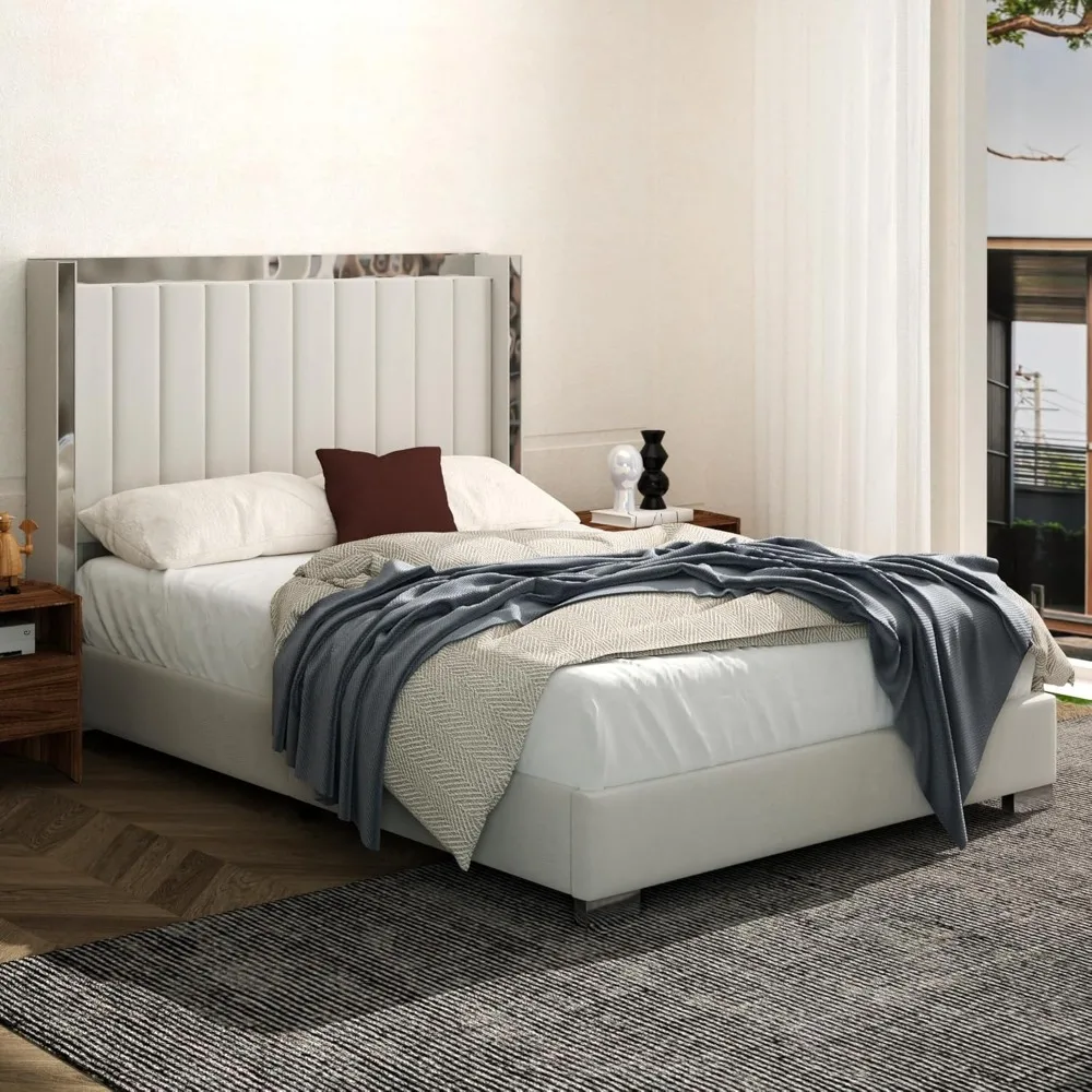 Queen Bed Frame with 58" Tall Headboard, Velvet Upholstered Platform Bed with Channel Tufted Wingback Headboard and Plating Trim
Queen Bed Frame with 58" Tall Headboard, Velvet Upholstered Platform Bed with Channel Tufted Wingback Headboard and Plating Trim