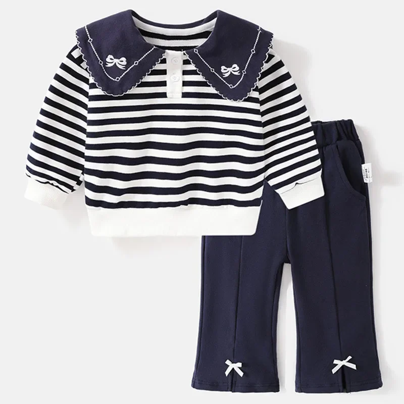 Spring Autumn Toddler Girl Clothes Korean Fashion Stripe Cute Bow Doll Collar Long Sleeve Tops+Pants Boutique Kids Clothing B116 
Spring Autumn Toddler Girl Clothes Korean Fashion Stripe Cute Bow Doll Collar Long Sleeve Tops+Pants Boutique Kids Clothing B116