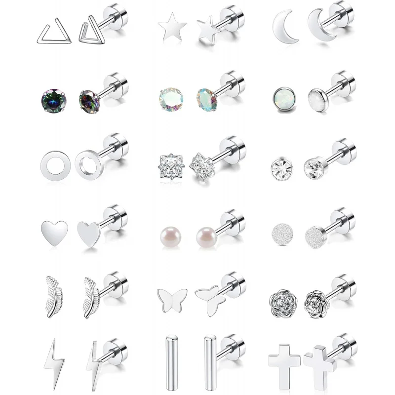 18 - Pair Hypoallergenic Stainless Steel Stud Earrings Set with Star, Moon, Flower, Heart, Leaf.
18 - Pair Hypoallergenic Stainless Steel Stud Earrings Set with Star, Moon, Flower, Heart, Leaf.