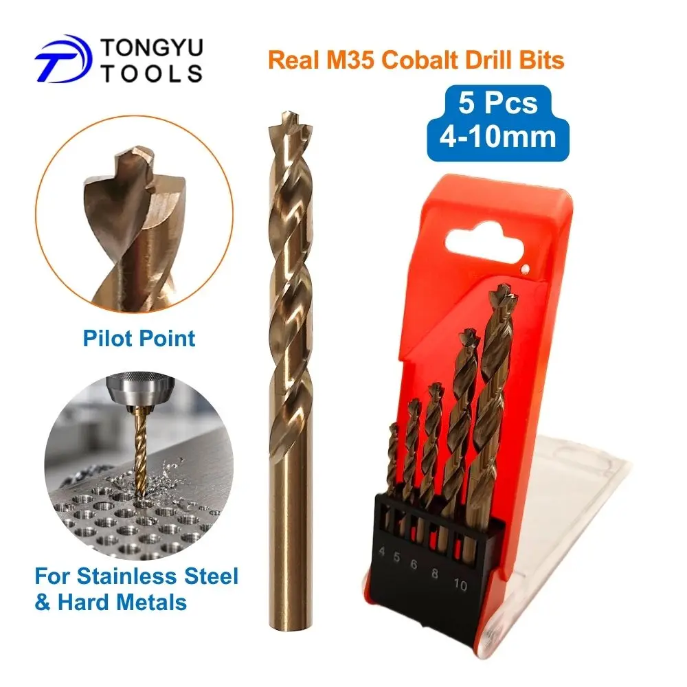 Cobalt Drill Bit Set 5Pcs 4-10mm M35 HSS Co5% Pilot Point Jobber Twist Bits for Stainless Steel Hard Metal
Cobalt Drill Bit Set 5Pcs 4-10mm M35 HSS Co5% Pilot Point Jobber Twist Bits for Stainless Steel Hard Metal