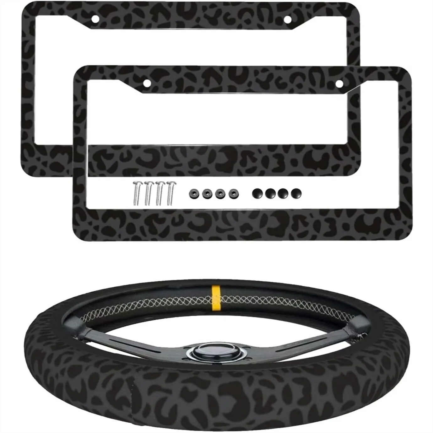 Black Leopard Print License Plate Frame with Steering Wheel Cover Set for Standard US Vehicles
Black Leopard Print License Plate Frame with Steering Wheel Cover Set for Standard US Vehicles
