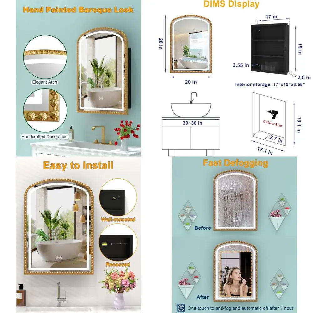 LED Lighted Arched Medicine Cabinet, 20x28 Inch, Surface Mount, Recessed Option, 1 Organizer, Touch Activated, Gold Beaded Accen
LED Lighted Arched Medicine Cabinet, 20x28 Inch, Surface Mount, Recessed Option, 1 Organizer, Touch Activated, Gold Beaded Accen