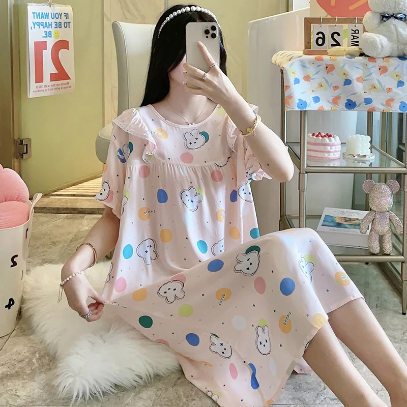 Lightweight Short Sleeve Cotton Silk Sleep Dress Women's Summer Loose Fit Long Dress Sweet Cartoon Print Home Wear Nightgown
Lightweight Short Sleeve Cotton Silk Sleep Dress Women's Summer Loose Fit Long Dress Sweet Cartoon Print Home Wear Nightgown