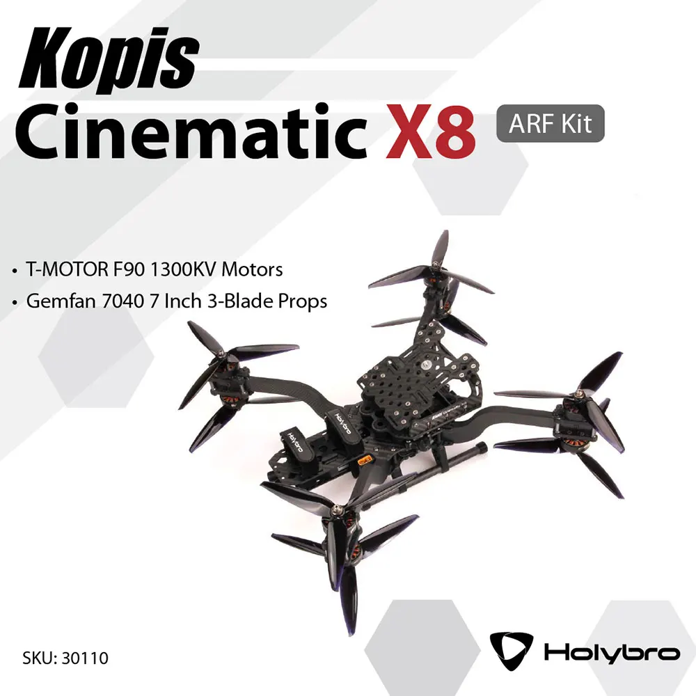 Holybro Kopis Cinematic X8 8inch 396mm FPV Frame ARF Kit W/ T-Motor F90 KV1300 Brushless Motor Gemfan 7040 3-Blade Propellers
Holybro Kopis Cinematic X8 8inch 396mm FPV Frame ARF Kit W/ T-Motor F90 KV1300 Brushless Motor Gemfan 7040 3-Blade Propellers