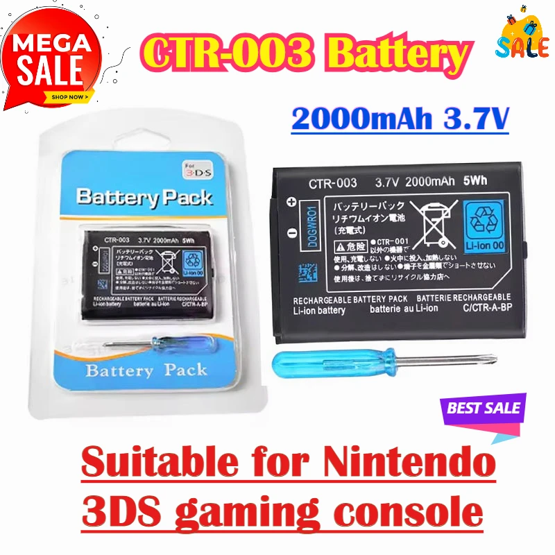 CTR-003 Battery 2000mAh 3.7V Rechargeable Lithium-ion Battery + Repair Tool Kit Pack for Nintendo 3DS with Screwdriver
CTR-003 Battery 2000mAh 3.7V Rechargeable Lithium-ion Battery + Repair Tool Kit Pack for Nintendo 3DS with Screwdriver