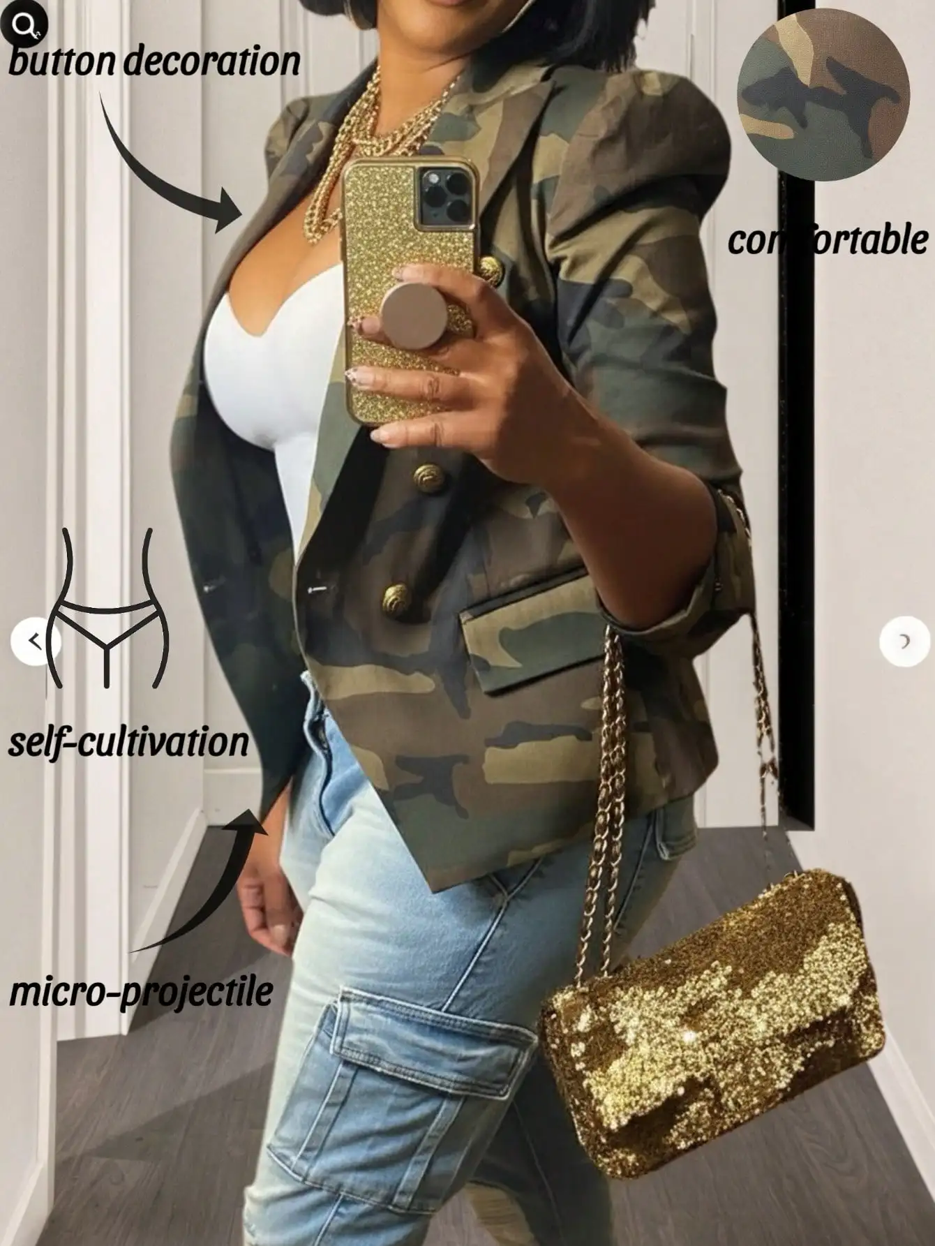 Женский двубортный пиджак с камуфляжным принтом и декоративными пуговицами, приталенный крой для повседневной осенней носки
Женский двубортный пиджак с камуфляжным принтом и декоративными пуговицами, приталенный крой для повседневной осенней носки