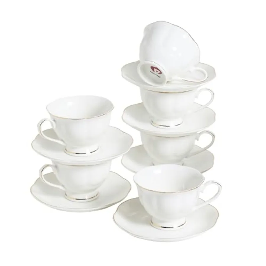 Ceramic Tea Cup and Saucer Set of 6 12-Piece - 6oz Elegant Porcelain Cups with Gold Rim, 6 Cups and 6 Saucers for Tea Party
Ceramic Tea Cup and Saucer Set of 6 12-Piece - 6oz Elegant Porcelain Cups with Gold Rim, 6 Cups and 6 Saucers for Tea Party
