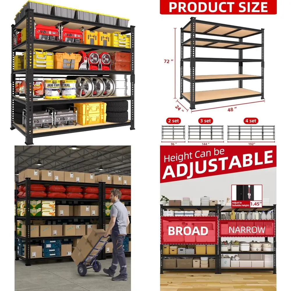 Heavy Duty Adjustable Metal 5-Tier Garage Storage Shelves - 48W x 24D x 72H Industrial Shelving for Small Business and Home Use
Heavy Duty Adjustable Metal 5-Tier Garage Storage Shelves - 48W x 24D x 72H Industrial Shelving for Small Business and Home Use