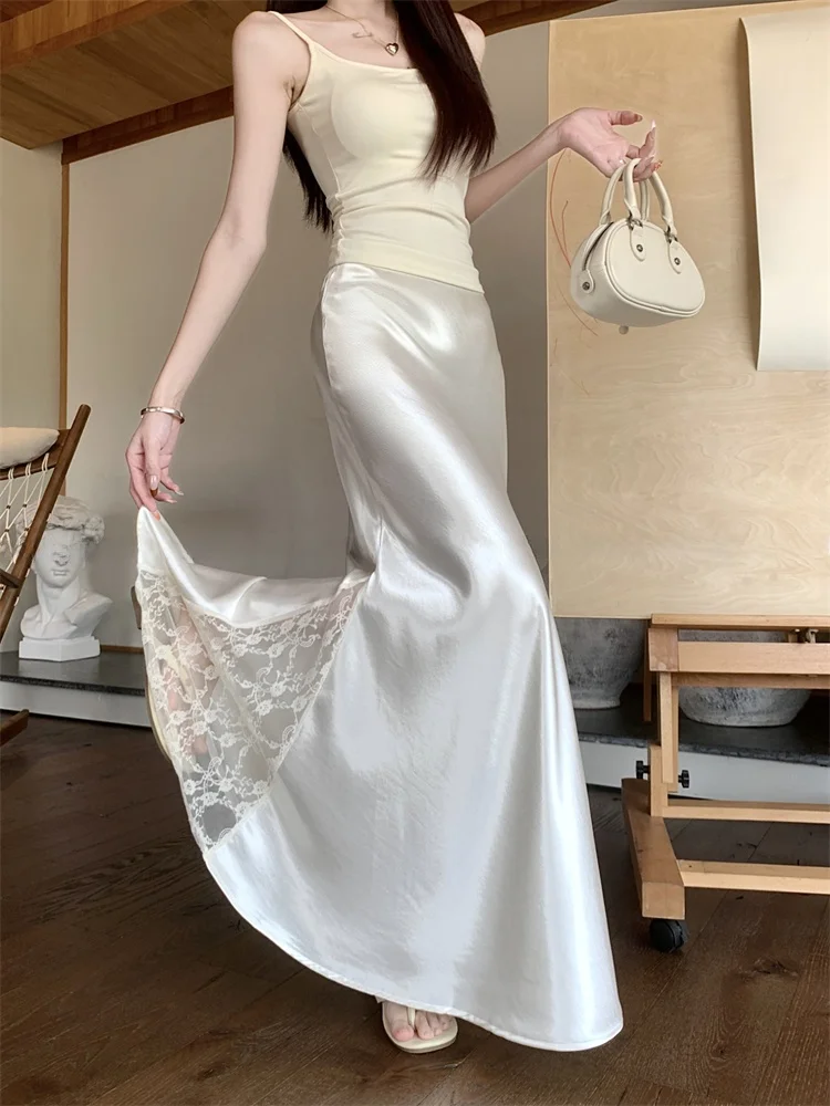 Женская длинная юбка-трапеция Ele с высокой талией, кружевными вставками и атласным покрытием, весенняя, абрикосовая, в корейском стиле, для офиса
Женская длинная юбка-трапеция Ele с высокой талией, кружевными вставками и атласным покрытием, весенняя, абрикосовая, в корейском стиле, для офиса