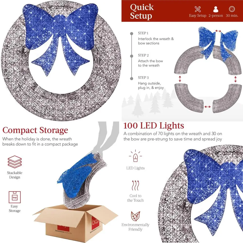 LED Pre-Lit 30 Inch Outdoor Christmas Wreath with 100 Lights, Metal Holiday Decor, Bow for Home, Festive Season Decorations
LED Pre-Lit 30 Inch Outdoor Christmas Wreath with 100 Lights, Metal Holiday Decor, Bow for Home, Festive Season Decorations