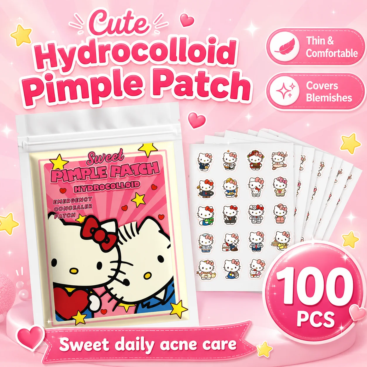 100PCS hello kitty Acne patches, facial acne patches, hydrogel acne removal patches, concealer
100PCS hello kitty Acne patches, facial acne patches, hydrogel acne removal patches, concealer