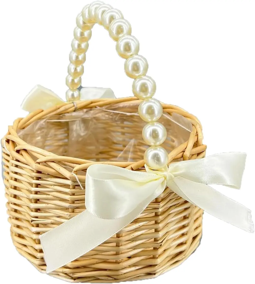 Natural Rattan Flower Girl Basket with Pearl Handle and Bow for Wedding Aisle and Home Decor
Natural Rattan Flower Girl Basket with Pearl Handle and Bow for Wedding Aisle and Home Decor