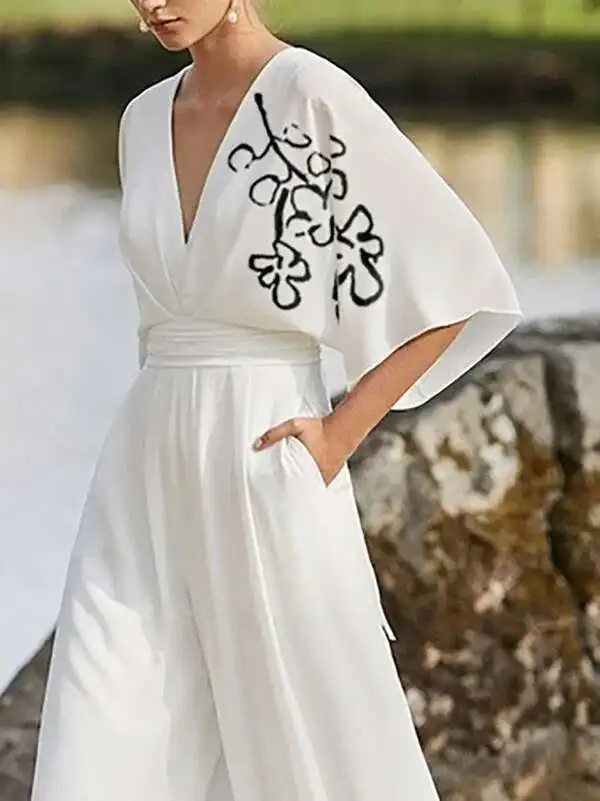 BabYoung 2025 Summer White Pant Women Flower Print Pleated Pockets Half Sleeves Deep V-Neck Jumpsuits For Ladies
BabYoung 2025 Summer White Pant Women Flower Print Pleated Pockets Half Sleeves Deep V-Neck Jumpsuits For Ladies