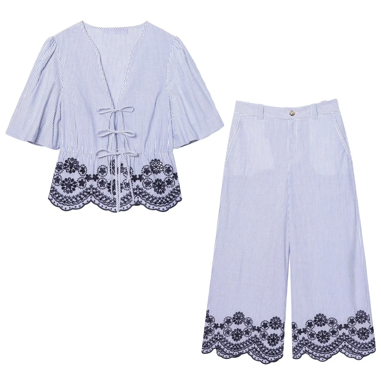 PB&ZA2025 Summer New Women's Clothing Lace-up Embroidered Striped V-neck Short-sleeved Top With High-waist Wide-leg Pants
PB&ZA2025 Summer New Women's Clothing Lace-up Embroidered Striped V-neck Short-sleeved Top With High-waist Wide-leg Pants
