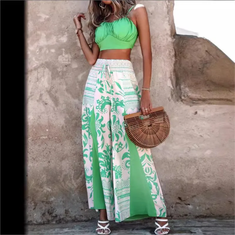 Sexy Resort Style Suit For Women Fashion Slim Solid Spaghetti Strap Top Boho Print Wide Leg Pants Two Piece Set 2025 Summer New
Sexy Resort Style Suit For Women Fashion Slim Solid Spaghetti Strap Top Boho Print Wide Leg Pants Two Piece Set 2025 Summer New