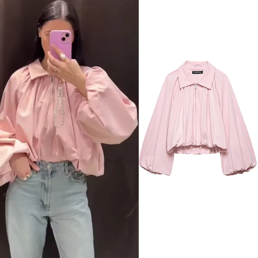 Women New Fashion Street Short Jacket Women Pink Lapel Balloon Sleeve Bomber Coat Female Casual Pleated Zipper Decoration Coat
Women New Fashion Street Short Jacket Women Pink Lapel Balloon Sleeve Bomber Coat Female Casual Pleated Zipper Decoration Coat
