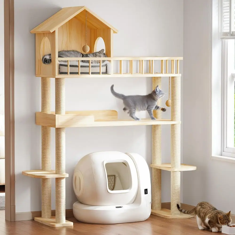 60.2 High Self-Cleaning Litter Box Cat Tree, Multi-Level Wooden Cat Tower with Scratching Post, House, Burlywood
60.2 High Self-Cleaning Litter Box Cat Tree, Multi-Level Wooden Cat Tower with Scratching Post, House, Burlywood
