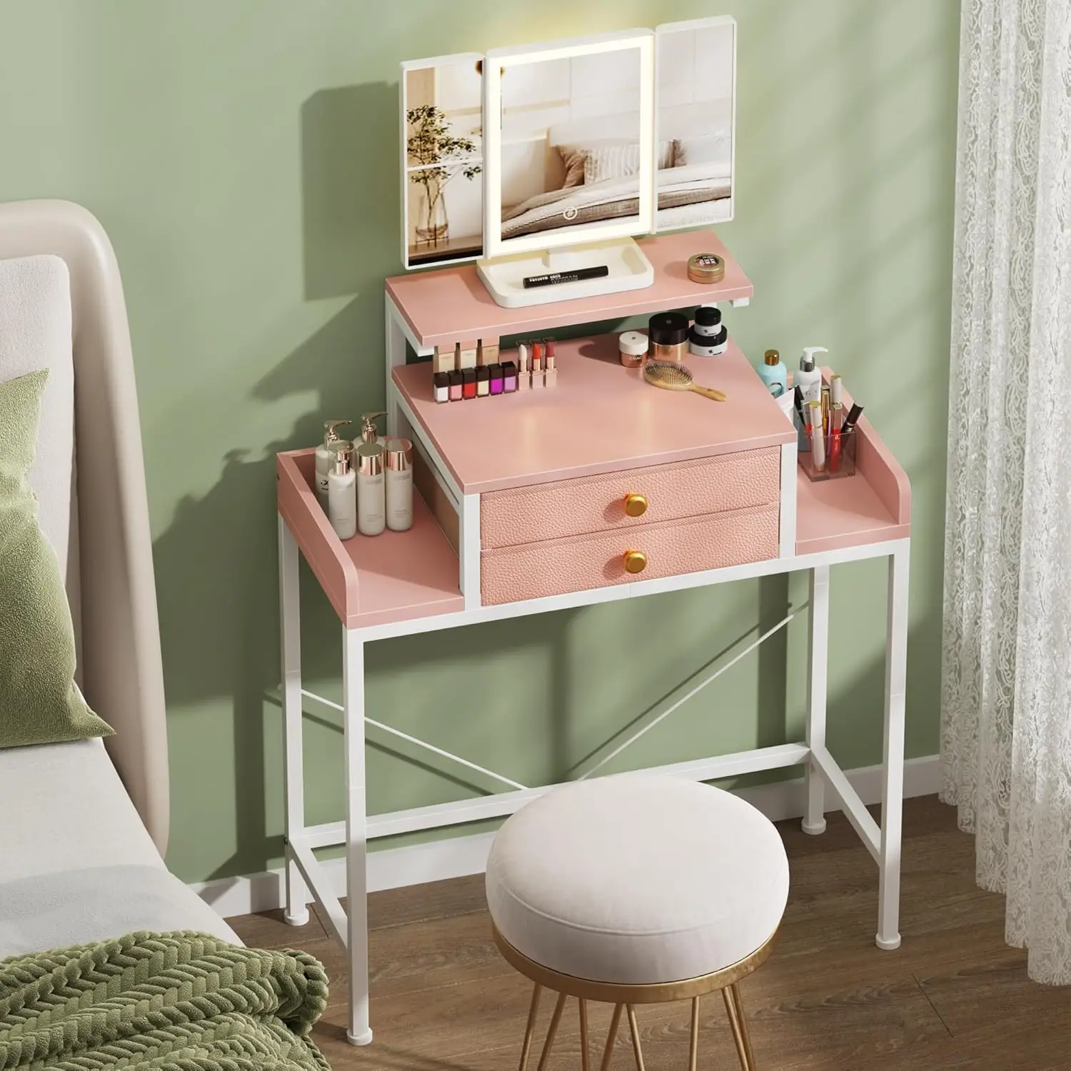Vanity Desk , 28.4''W Small Makeup Vanity Table with Height-Adjustable Stand, 2 Fabric Drawers Compact Makeup Desk
Vanity Desk , 28.4''W Small Makeup Vanity Table with Height-Adjustable Stand, 2 Fabric Drawers Compact Makeup Desk