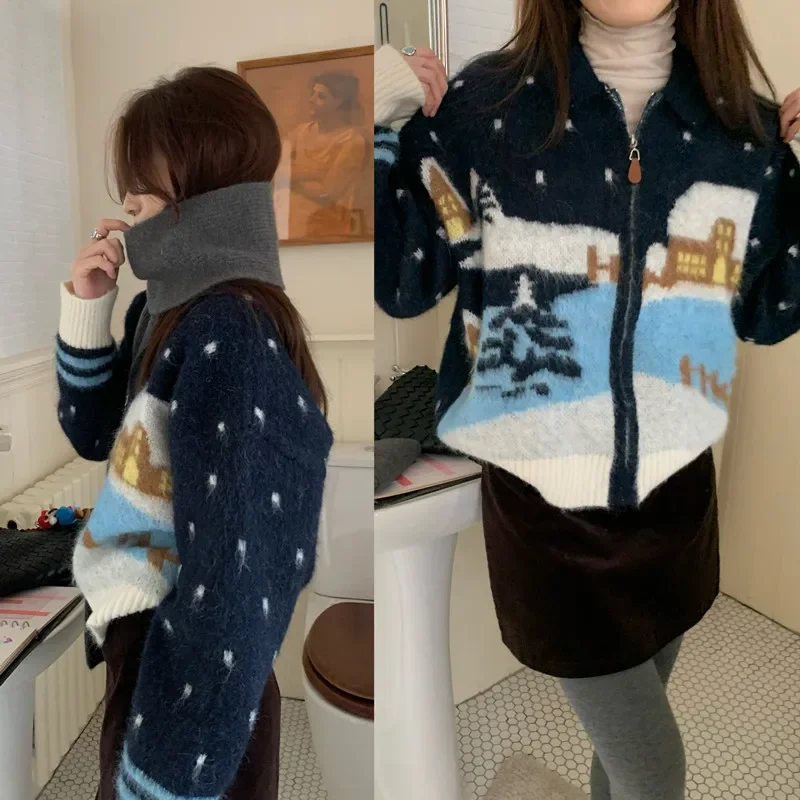 Sweet Hot Girl Christmas Snow Sweater Lady's Autumn/Winter Turn-down Collar Zip-up Knitted Cardigan Coat Fashion Female Clothes
Sweet Hot Girl Christmas Snow Sweater Lady's Autumn/Winter Turn-down Collar Zip-up Knitted Cardigan Coat Fashion Female Clothes
