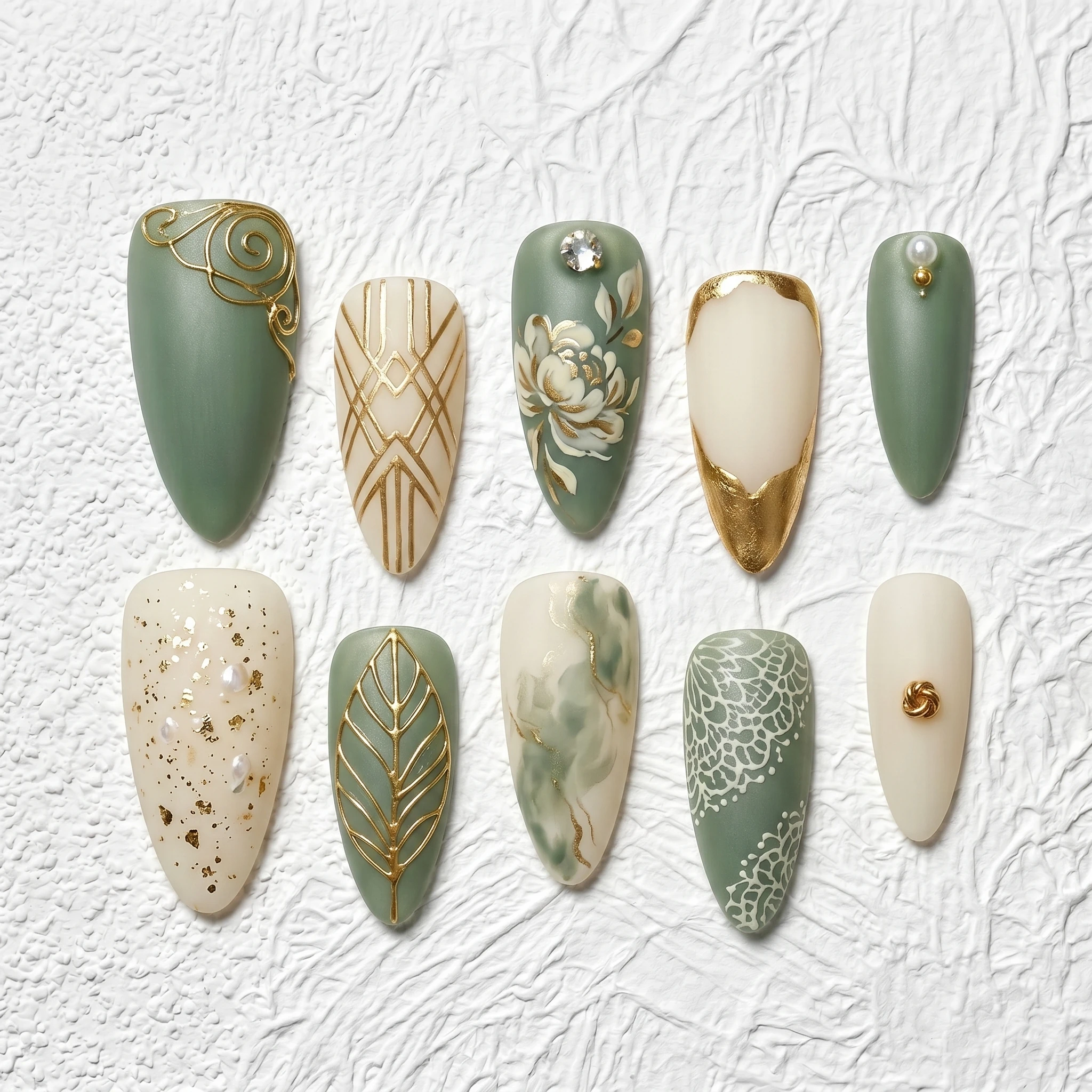 Artisan Handcrafted 10PCS Elegant Almond Press-On Nails | Sage Green & Cream | Gold Leaf, Pearls, Floral, Holiday Occasion
Artisan Handcrafted 10PCS Elegant Almond Press-On Nails | Sage Green & Cream | Gold Leaf, Pearls, Floral, Holiday Occasion