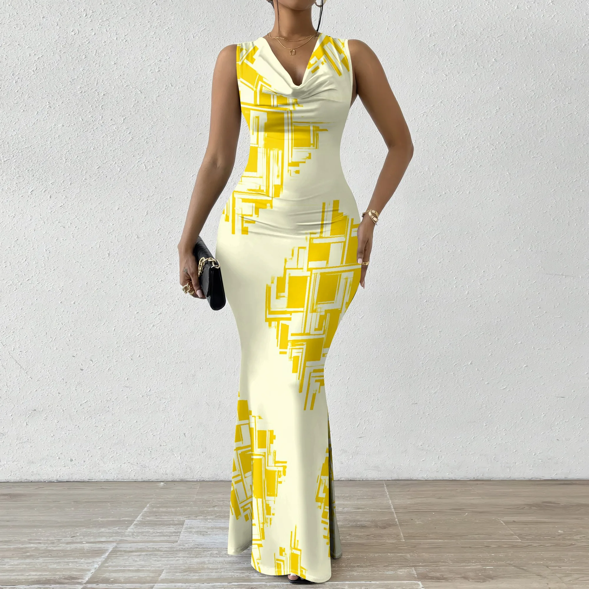 Yellow Geometric Print Maxi Dress XS-2XL Sleeveless Cowl Neck Slim Fit Style for Evening Out, Art Gallery or Summer Event Look
Yellow Geometric Print Maxi Dress XS-2XL Sleeveless Cowl Neck Slim Fit Style for Evening Out, Art Gallery or Summer Event Look