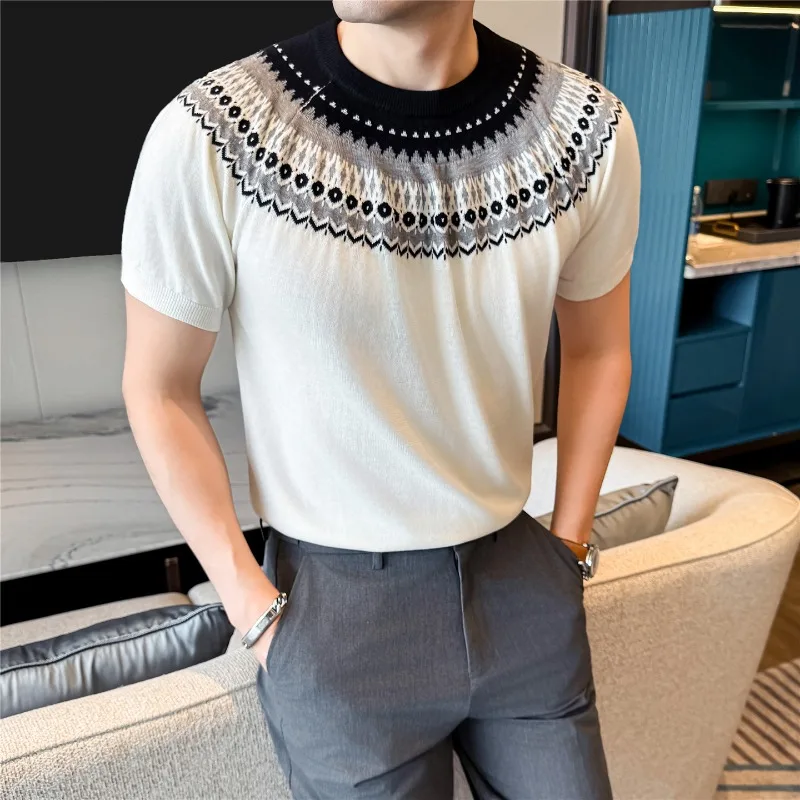 Men Knitted Pullover Summer Vintage Fashion Loose Casual Top High Quality Short Sleeve Printed Round Neck Elasticity Pullover
Men Knitted Pullover Summer Vintage Fashion Loose Casual Top High Quality Short Sleeve Printed Round Neck Elasticity Pullover