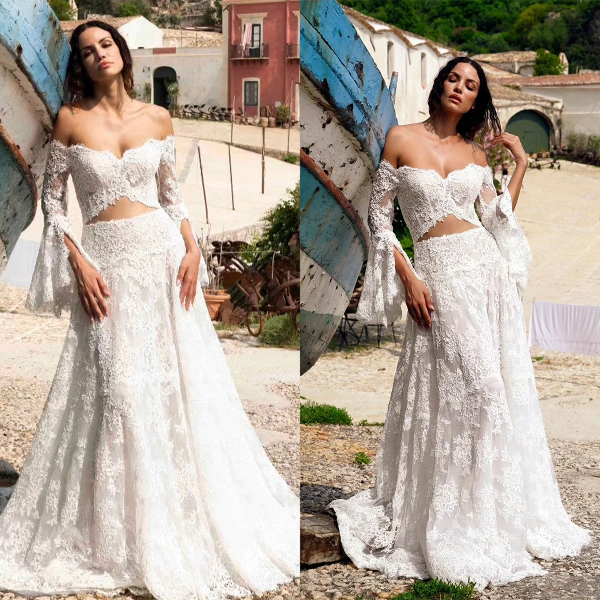 Boho Beach Wedding A Line 2 Pieces Lace Bride Gowns Off Shoulder Custom Made Pagoda Sleeves Party Dresses For Brides Engagement
Boho Beach Wedding A Line 2 Pieces Lace Bride Gowns Off Shoulder Custom Made Pagoda Sleeves Party Dresses For Brides Engagement