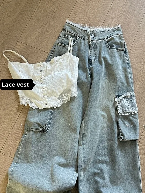 Faionable Heavyweight Lace Patchwork Denim Women's Spring New Korean Version Color Strap Vest Trendy High Waist Strai...
Faionable Heavyweight Lace Patchwork Denim Women's Spring New Korean Version Color Strap Vest Trendy High Waist Strai...