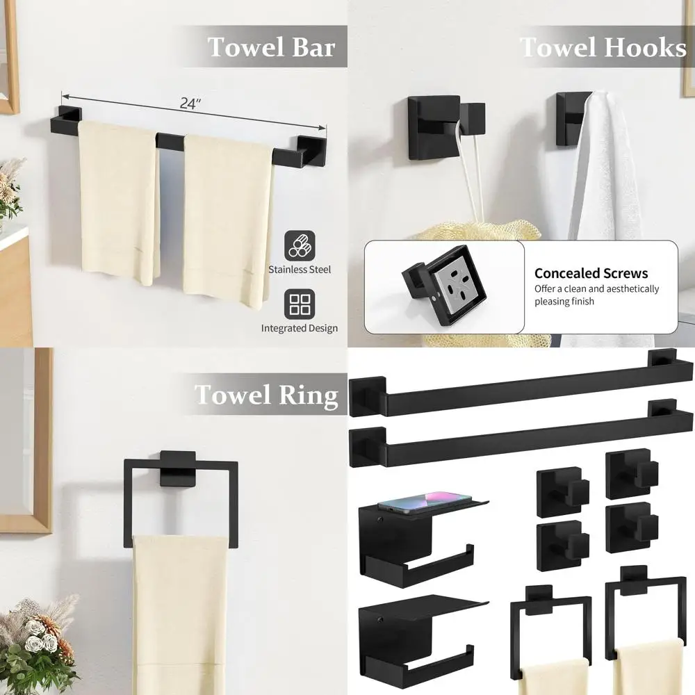24 Inch Wall-Mounted Matte Black Bathroom Hardware Set - Stainless Steel Towel Racks