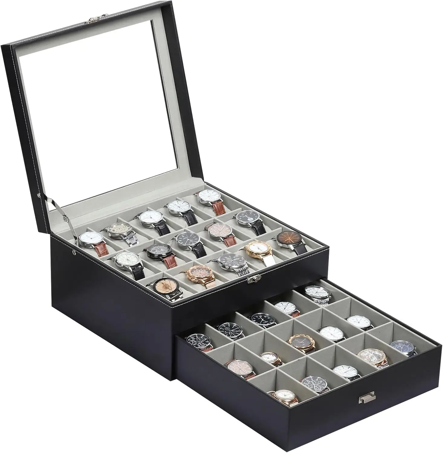 Watch Box Organizer with Glass Top & Lockable Drawer, 2 Layers Holds 30 Watches & Jewelry, Large PU Leather Storage for Men
Watch Box Organizer with Glass Top & Lockable Drawer, 2 Layers Holds 30 Watches & Jewelry, Large PU Leather Storage for Men