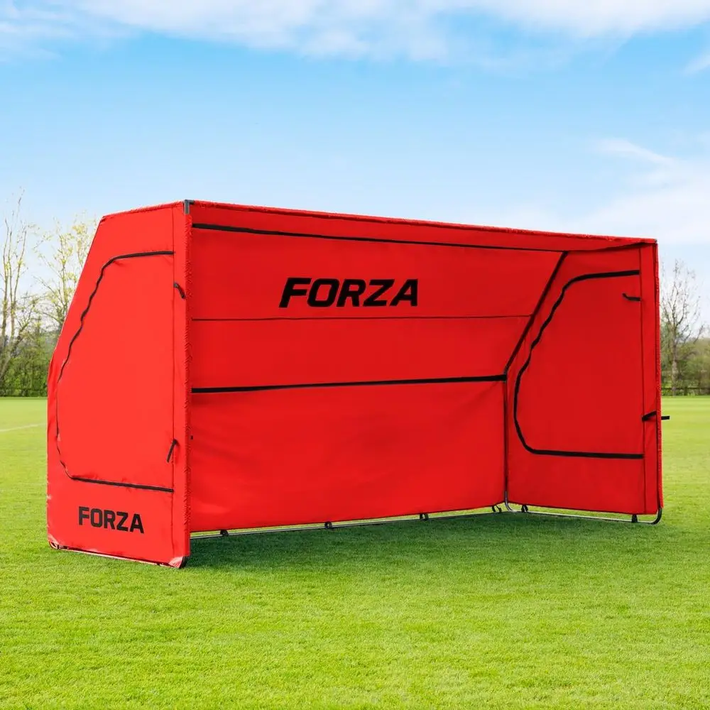 Прочное стальное укрытие для спортивных команд с дополнительными скамейками и красным цветом.
Прочное стальное укрытие для спортивных команд с дополнительными скамейками и красным цветом.