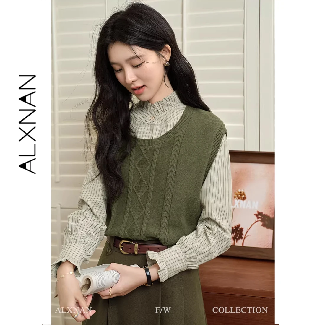 ALXNAN Women Cable Knit Vest Retro Diamond Pattern Round Neck Olive Green Fall Winter Daily Loose Female Sweater Vest QYM002235
ALXNAN Women Cable Knit Vest Retro Diamond Pattern Round Neck Olive Green Fall Winter Daily Loose Female Sweater Vest QYM002235