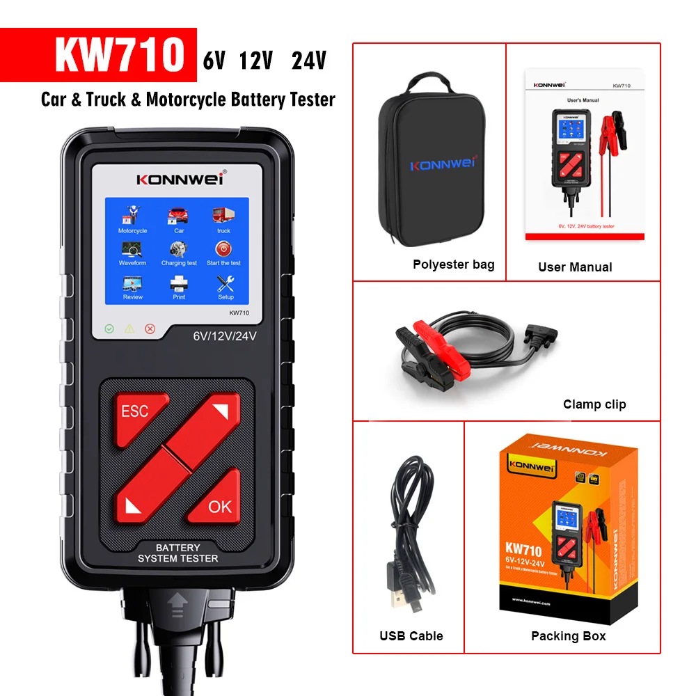 KONNWEI KW710 Car Battery Tester 6V/12V/24V Battery check Analyzer CCA Range 100-2000 Diagnostic Tool with Enhanced clip
KONNWEI KW710 Car Battery Tester 6V/12V/24V Battery check Analyzer CCA Range 100-2000 Diagnostic Tool with Enhanced clip
