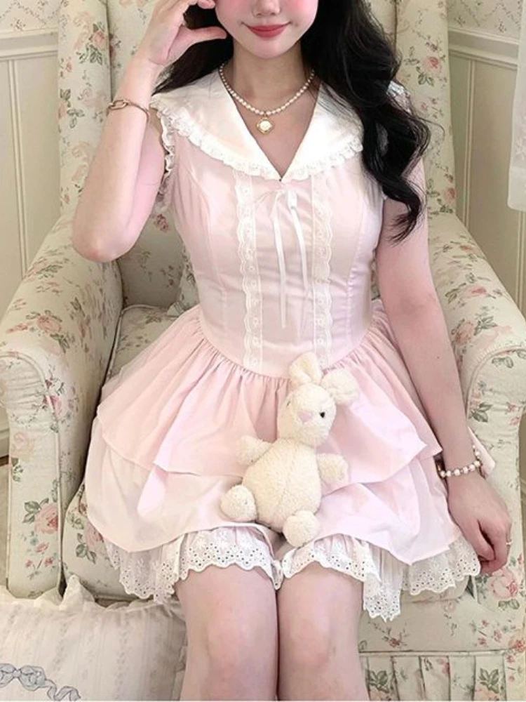 Japanese Fashion Sweet Pink Lace Stitching Dress Women Spring Summer Navy Collar Slim Cute Dresses New Harajukues Kawaii Clothes
Japanese Fashion Sweet Pink Lace Stitching Dress Women Spring Summer Navy Collar Slim Cute Dresses New Harajukues Kawaii Clothes