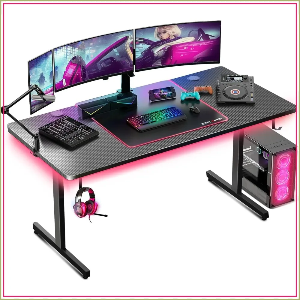 55 Inch Gaming Desk with LED Lights, Large Computer Desk with Mouse Pad, Carbon Fiber Surface, Headphone Hook
55 Inch Gaming Desk with LED Lights, Large Computer Desk with Mouse Pad, Carbon Fiber Surface, Headphone Hook
