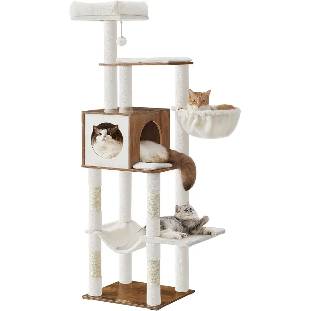 65-Inch Multi-Level Cat Tower with Cave, Basket, Hammock, Pompom, Scratching Posts, Espresso Brown
65-Inch Multi-Level Cat Tower with Cave, Basket, Hammock, Pompom, Scratching Posts, Espresso Brown