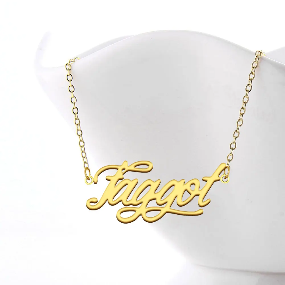 GR859C Stainless Steel Charm Faggot Name Necklace, Golden Carving Cursive Letters Nameplate Pendant, Anniversary Jewelry Gift
GR859C Stainless Steel Charm Faggot Name Necklace, Golden Carving Cursive Letters Nameplate Pendant, Anniversary Jewelry Gift